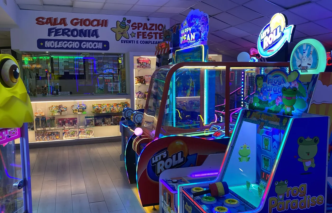 Insegna Sala Giochi Feronia, Spazio Feste e Noleggio Giochi